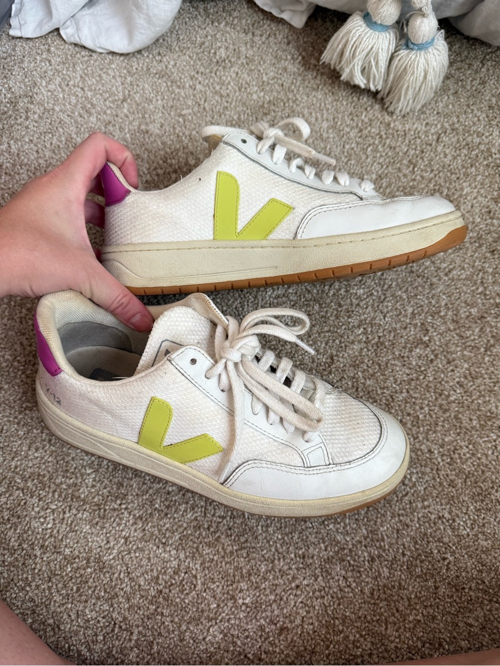 Veja White Sneakers with Lime V Logo and Pink Heel Tab